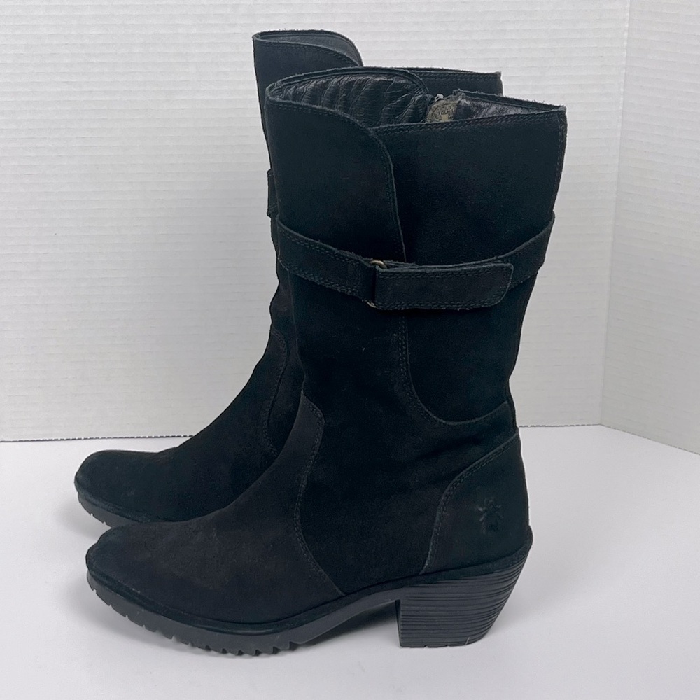 Fly London women’s black Woli Mid Calf Suede side zip boots, size 41 = US 10.